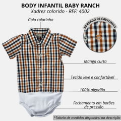 Body Infantil Baby Ranch Estilo Camisa Manga Curta Xadrez Azul/Branco/ Marrom Terra Com Logo Bordado Caramelo Ref:4002