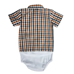 Body Infantil Baby Ranch Estilo Camisa Manga Curta Xadrez Azul/Branco/ Marrom Terra Com Logo Bordado Caramelo Ref:4002