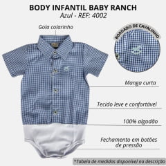 Body Infantil Baby Ranch Estilo Camisa Manga Curta Xadrez Azul E Branco Com Logo Azul Claro Ref:4002