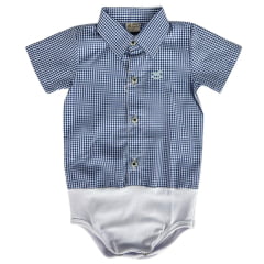 Body Infantil Baby Ranch Estilo Camisa Manga Curta Xadrez Azul E Branco Com Logo Azul Claro Ref:4002
