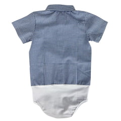 Body Infantil Baby Ranch Estilo Camisa Manga Curta Xadrez Azul E Branco Com Logo Azul Claro Ref:4002