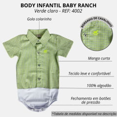 Body Infantil Baby Ranch Estilo Camisa Manga Curta Xadrez Verde Claro Com Logo Verde Neon Ref:4002