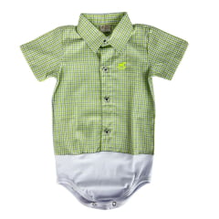 Body Infantil Baby Ranch Estilo Camisa Manga Curta Xadrez Verde Claro Com Logo Verde Neon Ref:4002