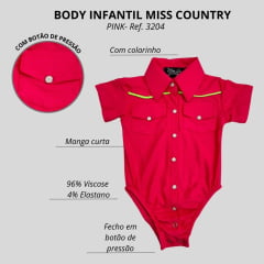 Body Infantil Miss Country Pink Manga Curta Baby Show Com Colarinho Ref:3204