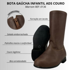 Bota Gaúcha Infantil Ads Couro Marrom Sola De Pneu C/ Zíper REF: 0136