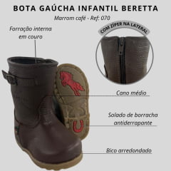 Bota Gaúcha Infantil Baby Beretta Bico Redondo Marrom Café Zíper Solado PVC Ref:070