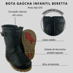 Bota Gaúcha Infantil Baby Beretta Bico Redondo Preto Zíper Solado PVC Ref:070