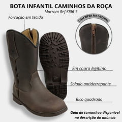 Bota Infantil Caminhos Da Roça Bico Quadrado Couro Café Liso Com Zíper Ref:KI06-3