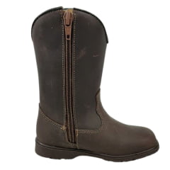 Bota Infantil Caminhos Da Roça Bico Quadrado Couro Café Liso Com Zíper Ref:KI06-3