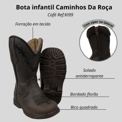 Bota Infantil Caminhos Da Roça Bico Quadrado Couro Fóssil Café Com Zíper E Bordado Florão E Arame Preto Ref:KI99