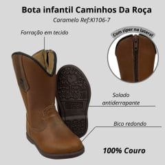 Bota Infantil Caminhos Da Roça Bico Redondo Com Zíper Couro Fóssil Caramelo Ref:KI06-7