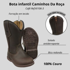 Bota Infantil Caminhos Da Roça Bico Redondo Couro Liso Café Com Zíper Ref:KI06-3