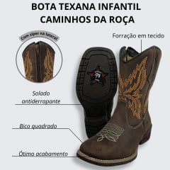 Bota Juvenil Caminhos da Roça Bico Quadrado Couro Café Com Zíper e Bordado Laranja/Cru Ref.MJ39