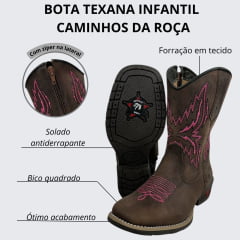 Bota Juvenil Caminhos da Roça Bico Quadrado Couro Café/Pink Com Zíper e Bordado Rosa Pink