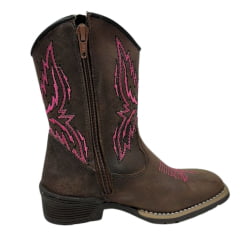 Bota Juvenil Caminhos da Roça Bico Quadrado Couro Café/Pink Com Zíper e Bordado Rosa Pink