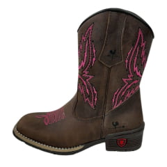 Bota Juvenil Caminhos da Roça Bico Quadrado Couro Café/Pink Com Zíper e Bordado Rosa Pink