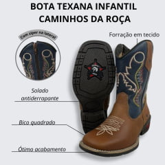 Bota Juvenil Caminhos da Roça Bico Quadrado Couro Caramelo/Azul Royal Com Zíper e Bordado Amarelo e Vermelho  Ref.KJ38-3