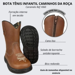 Bota Tênis Infantil Caminhos Da Roça Couro Caramelo Com Bordado Florão Creme Ref:KI60
