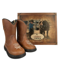 Bota Tênis Infantil Caminhos Da Roça Couro Caramelo Com Bordado Florão Creme Ref:KI60