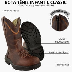 Bota Tênis Infantil Classic Bico Redondo Com Zíper Couro TNB Crazy Amendôa - REF:2909