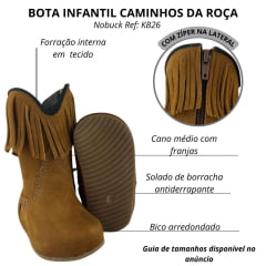Bota Texana Baby Caminhos da Roça Bico Quadrado Couro Nobuck Castor Com Zíper E Franja Ref:KB26