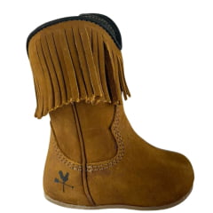 Bota Texana Baby Caminhos da Roça Bico Quadrado Couro Nobuck Castor Com Zíper E Franja Ref:KB26