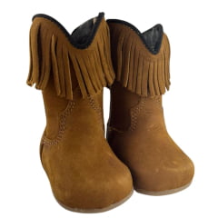 Bota Texana Baby Caminhos da Roça Bico Quadrado Couro Nobuck Castor Com Zíper E Franja Ref:KB26