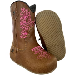 Bota Texana Baby Caminhos da Roça Com Zíper Couro Caramelo Bordado Rosa Ref.KB23-6
