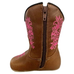 Bota Texana Baby Caminhos da Roça Com Zíper Couro Caramelo Bordado Rosa Ref.KB23-6