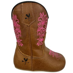Bota Texana Baby Caminhos da Roça Com Zíper Couro Caramelo Bordado Rosa Ref.KB23-6