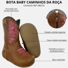 Bota Texana Baby Caminhos da Roça Com Zíper Couro Caramelo Bordado Rosa Ref.KB23-6