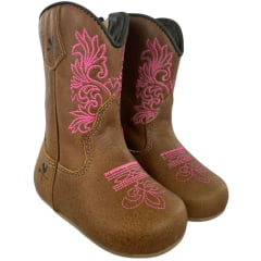 Bota Texana Baby Caminhos da Roça Com Zíper Couro Caramelo Bordado Rosa Ref.KB23-6