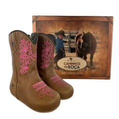 Bota Texana Baby Caminhos da Roça Com Zíper Couro Caramelo Bordado Rosa Ref.KB23-6