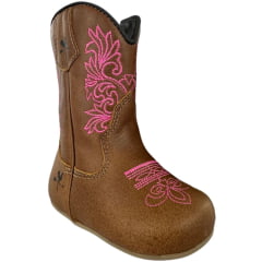 Bota Texana Baby Caminhos da Roça Com Zíper Couro Caramelo Bordado Rosa Ref.KB23-6