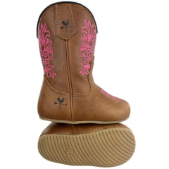 Bota Texana Baby Caminhos da Roça Com Zíper Couro Caramelo Bordado Rosa Ref.KB23-6