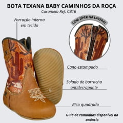 Bota Texana Baby Caminhos Da Roça Com Zíper Couro Caramelo Cano Estampado Deserto Ref:CB16