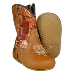 Bota Texana Baby Caminhos Da Roça Com Zíper Couro Caramelo Cano Estampado Deserto Ref:CB16