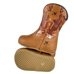 Bota Texana Baby Caminhos Da Roça Com Zíper Couro Caramelo Cano Estampado Deserto Ref:CB16