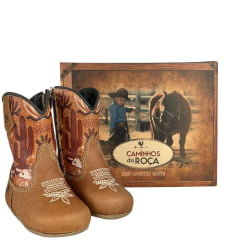 Bota Texana Baby Caminhos Da Roça Com Zíper Couro Caramelo Cano Estampado Deserto Ref:CB16