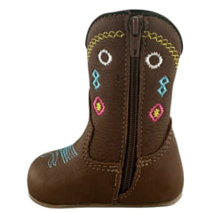 Bota Texana Baby Caminhos da Roça Com Zíper Couro Graxo Chocolate Com Bordados Azul e Rosa Ref:MB35