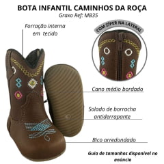 Bota Texana Baby Caminhos da Roça Com Zíper Couro Graxo Chocolate Com Bordados Azul e Rosa Ref:MB35