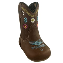 Bota Texana Baby Caminhos da Roça Com Zíper Couro Graxo Chocolate Com Bordados Azul e Rosa Ref:MB35