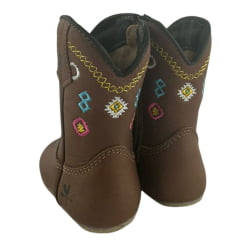 Bota Texana Baby Caminhos da Roça Com Zíper Couro Graxo Chocolate Com Bordados Azul e Rosa Ref:MB35