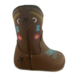 Bota Texana Baby Caminhos da Roça Com Zíper Couro Graxo Chocolate Com Bordados Azul e Rosa Ref:MB35