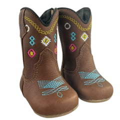 Bota Texana Baby Caminhos da Roça Com Zíper Couro Graxo Chocolate Com Bordados Azul e Rosa Ref:MB35
