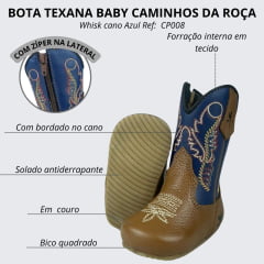 Bota Texana Baby Caminhos Da Roça Couro Floater Whisk Cano Azul C/Bordado Ref:KB22-2