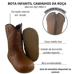Bota Texana Baby Caminhos Da Roça Couro Fóssil Caramelo Liso Com Zíper Ref:KB02-5