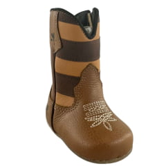 Bota Texana Baby Caminhos Da Roça Couro Whisky Com Zíper E Cano Marrom E Caramelo Com Estrelas Ref:KB32-2