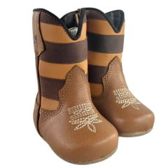 Bota Texana Baby Caminhos Da Roça Couro Whisky Com Zíper E Cano Marrom E Caramelo Com Estrelas Ref:KB32-2