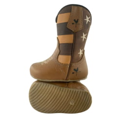 Bota Texana Baby Caminhos Da Roça Couro Whisky Com Zíper E Cano Marrom E Caramelo Com Estrelas Ref:KB32-2